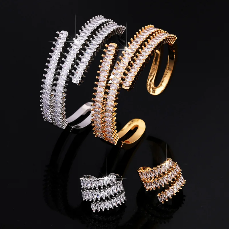 B&C Fashion Exquisite Three Rows White AAAAA Cubic Zircon Bangle And Ring Jewelry Set For Daily Wear