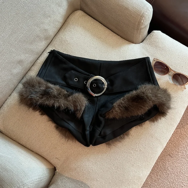 Women's Autumn Winter Faux Fur Patchwork Low Waist Shorts Lady Hot Girl Fuzzy Shorts ss