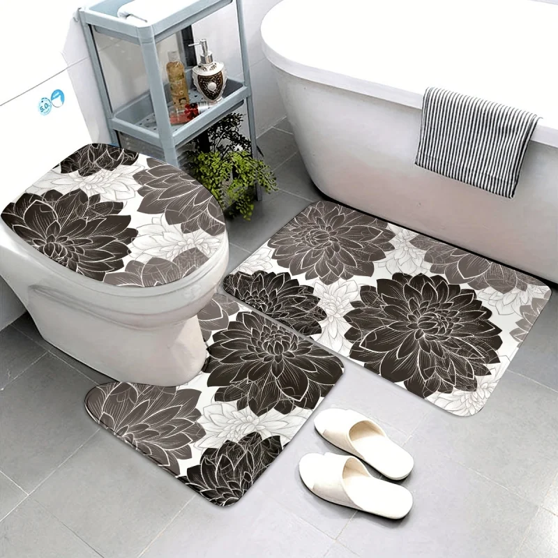 3 pcs/set ink flower pattern printed floor mat, three-piece bathroom mat set, non-slip mat, water-absorbent mat, toilet lid mat,