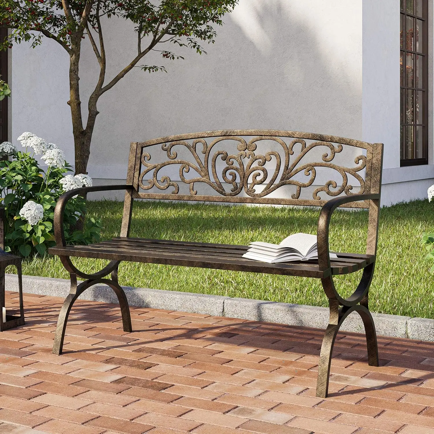 Banco de jardín al aire libre para Patio, sillas Loveseat de Metal de hierro fundido de 50 pulgadas con reposabrazos para Parque, Patio, porche, césped, balcón