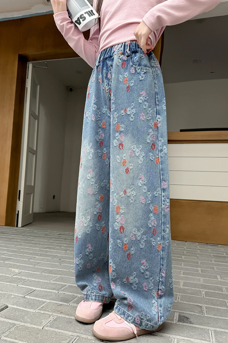 Mädchen-Jeans Frühling Herbst 2026 Orange Jacquard Weites Bein Jeans Hohe Taille Elastischer Bund Lässige Bequeme Kinderhose – Detail 11