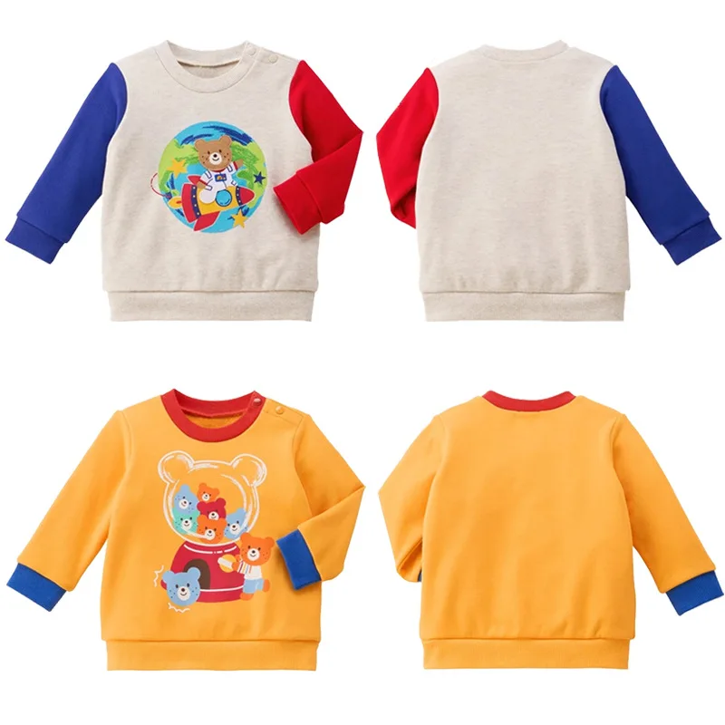 2026 Autumn New Fashion Kids Long Sleeve Color Block Cartoon Bear & Rocket Prints Sweatshirt Japanese Style Casual Pullover Tops