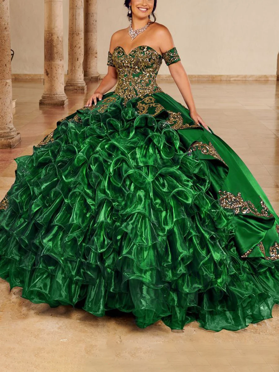 Vestido de fiesta de quinceañera para mujer, traje elegante de encaje con escote Corazón, hombros descubiertos, tul, 2023