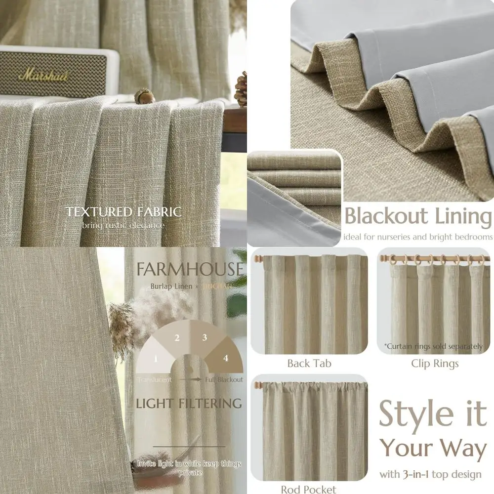 

Linen-Textured Blackout Curtains, 63 French Country Style for Bedroom & Living Room, 2 Tan Panels