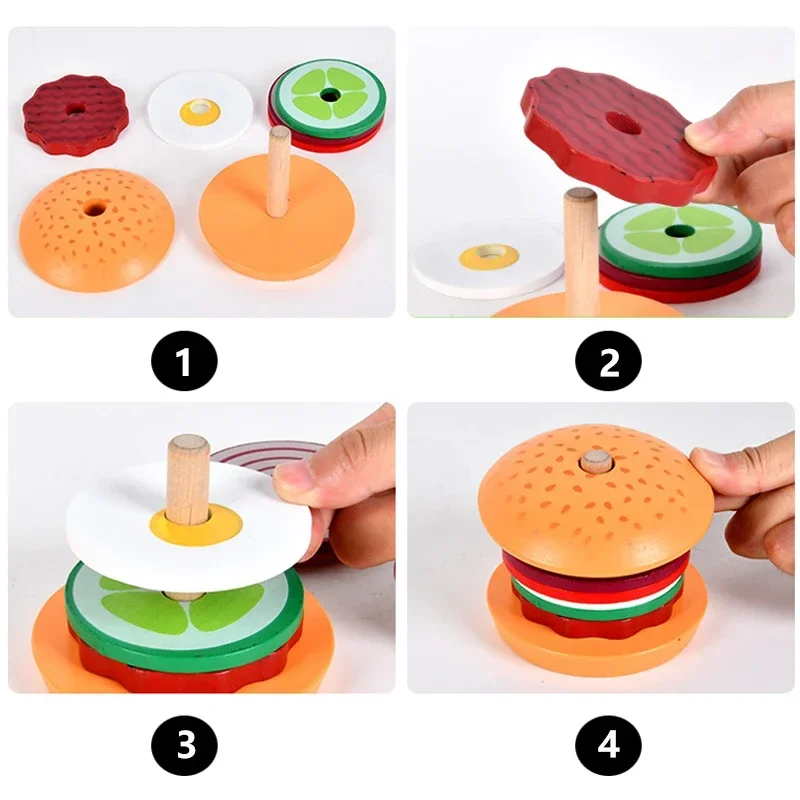 Hamburguesa de simulación de madera para niños, juguetes educativos Montessori, aprendizaje, forma de Color, juego de mesa a juego, juguetes para niños de 3 a 6 años