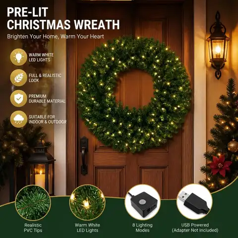 Pre-Lit 36" Artificial Christmas Wreath with LED Lights – Indoor/Outdoor Pine Holiday Door Decor for Front Door, Wall & Mantel