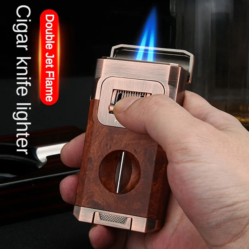 

Double Jet Flame Cigars Torch Lighter Smoking V Cutter Cigar Holder Lighters Guillotine Feuerzeug Accessories Pipe Clipper Cut