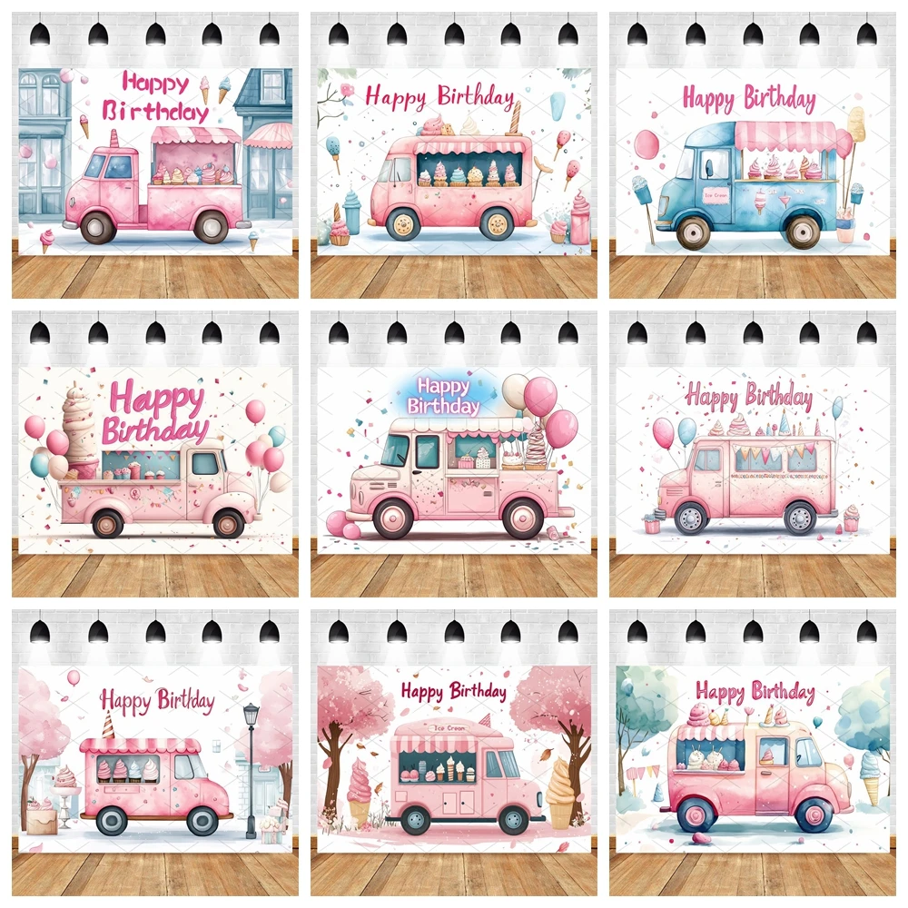 

Ice cream truck background children adult photography props children baby decoration dessert pink watercolor photo background