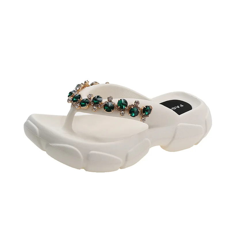 Women's Summer Flip Flops Luxury Rhinestone Thick Soled High Heels Beach Shoes Platform Anti-skid Light Soft Lady Slippers