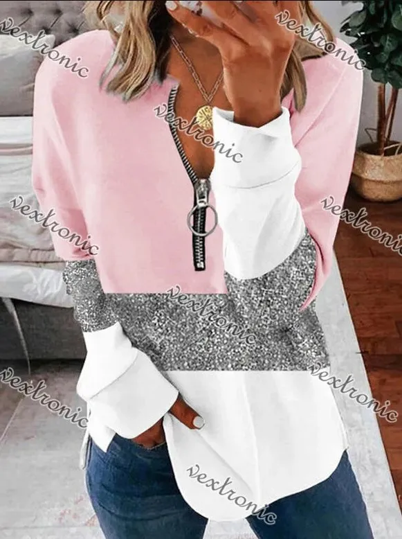 Nyfairy Plus Size Women's V Neck Long Sleeve Sweet Pink Colorblock Graphic Print Zipper Top