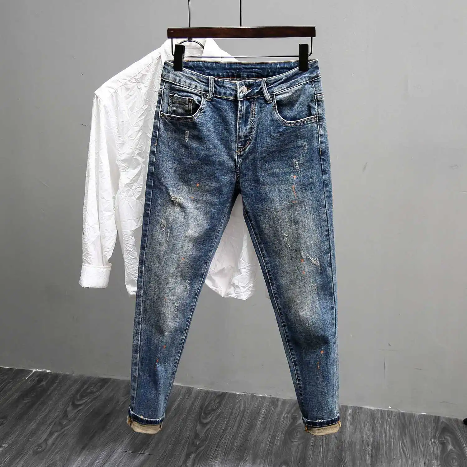 

Korean Climate Lot Pants 2026 Streetwear Jeans Men's Retro Slim Fit Small Feet Ripped Beggar Autumn and Winter New Long Pants