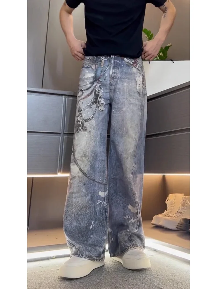 

3D Printed Chain Pattern Men's Jeans Hip Hop Street Dance Workwear Straight Leg Long Pants mid High Waist Polyester Cotton Blend