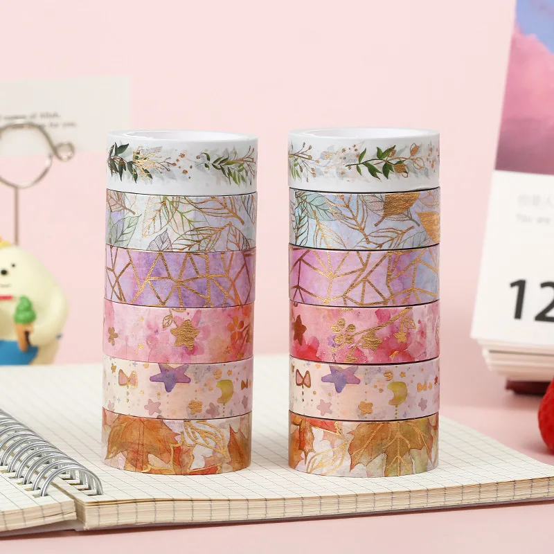 6 Rolls Flower Gold Foil Washi Tape Set, Fresh Floral Pattern for Dreamy Journal DIY, Scrapbook Border & Page Decor