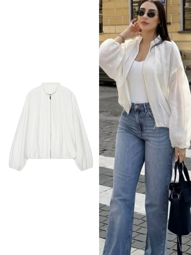 TFMLN New Women Chic Bomber Jacket Zipper Stand Collar Pocket Colored Striped Jacket 2026 Early Fall Fashion Thin Jacket