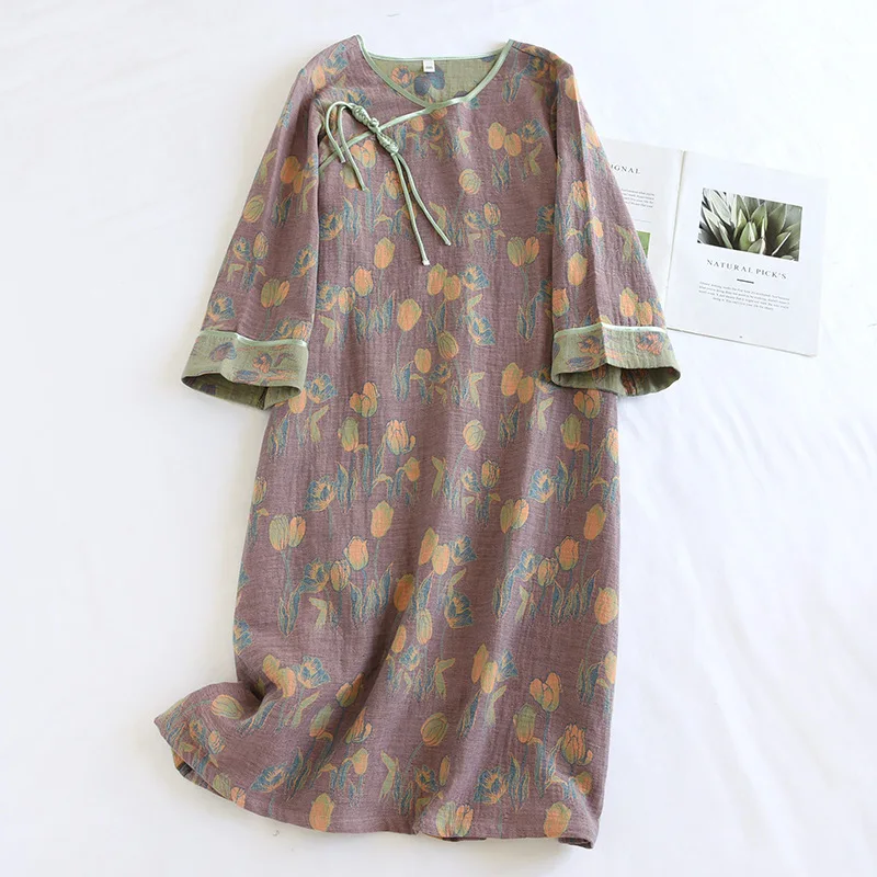 Pure Cotton Thin Nightgown Women Night Dress Women Sleepwear Lingerie Ladies Summer Floral Print Princess Home Wear