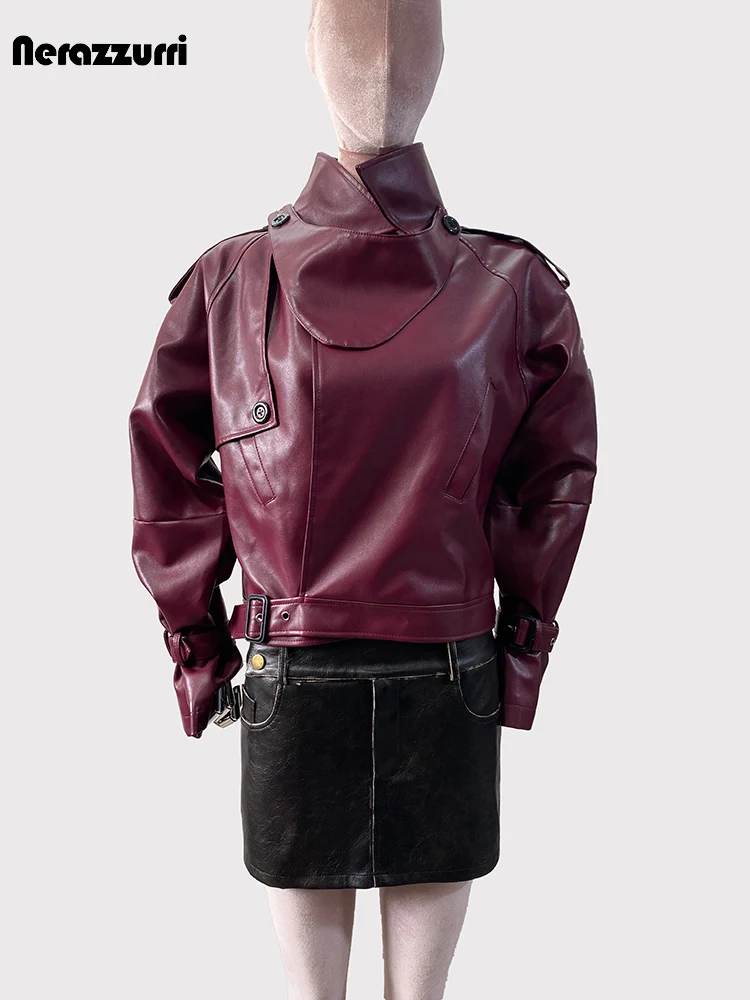 Nerazzurri Spring Autumn Short Burgundy Pu Leather Jacket Women with Long Raglan Sleeve Cool Stylish Luxury Designer Clothes