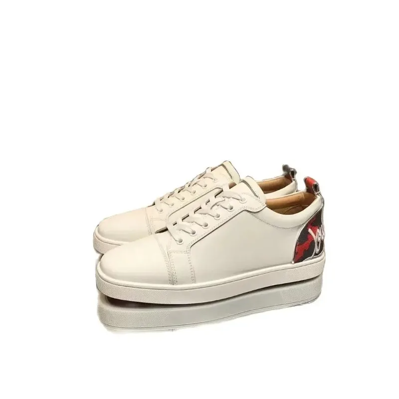 Low Cut Red Bottom Shoes for Men Luxury Brand High Quality Trainers Driving Spiked Bar Rivets Logo Heels White Genuine Leather