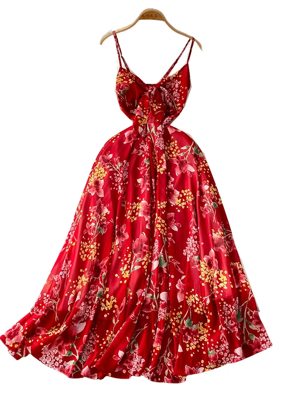 Beach Vaion Sle Sexy Tie V-ne Strap Dr Women Summer Ele Beautiful Floral Long Skirt High Waist A-line Dr
