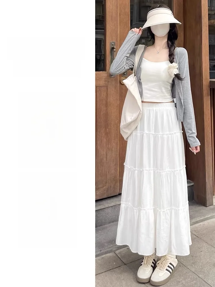 White High Waist A-Line Midi Skirt Women's Spring Autumn Summer Casual Cotton Blend Full Skirt Ballerina Cake Skirt
