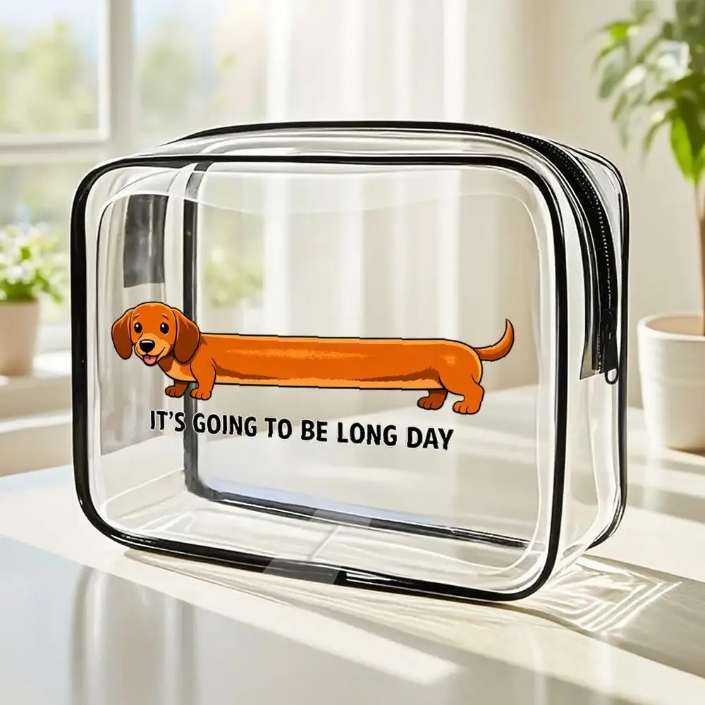 Toiletry Bag Cartoon Dachshund Clear PVC Zipper Makeup Bag Kawaii Cartoon Style Bright Orange Portable Storage Pouch With Bold F
