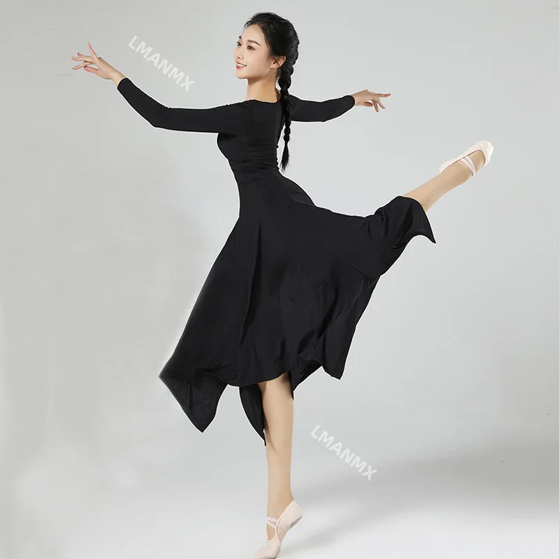 Women Modern Dance Long Dress  Solid Ice Silk Practice Clothes Big U Collar Irregular Split Hemline Folk Dancer Worship Costume