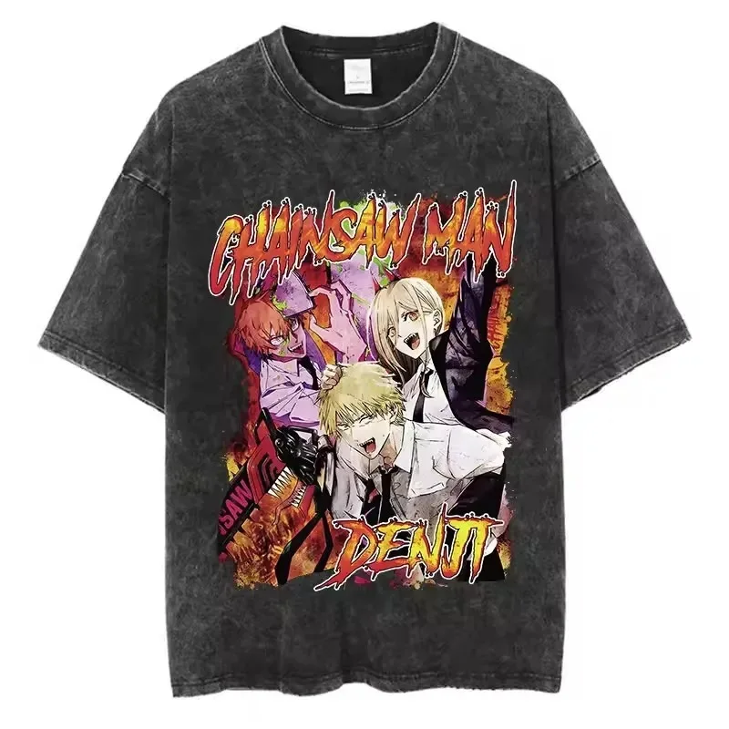 

Chainsaw Man Makima Power Printed Washed T-Shirt Harajuku Retro Oversized Tees Unisex Casual Cotton Short Sleeve Tops