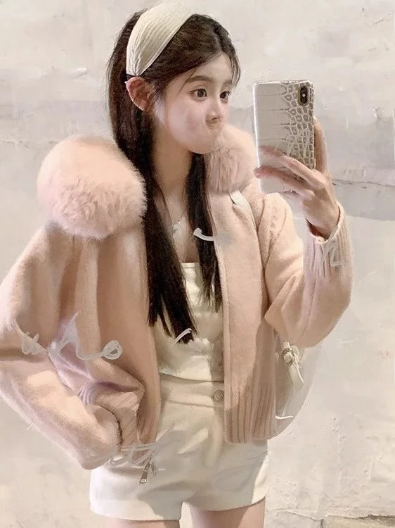 سترة محبوكة بياقة من فرو الثعلب الأبيض للنساء، كارديجان فضفاض راقي بسحاب للخريف والشتاء، سترة دافئة