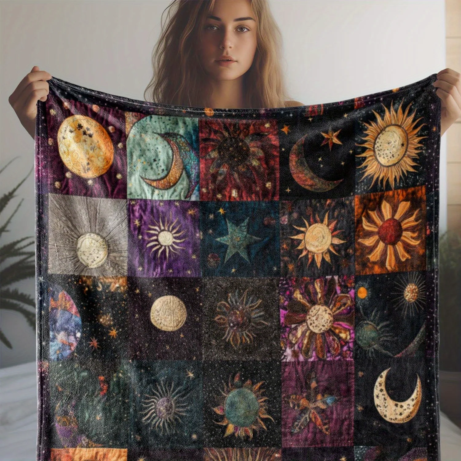 VIKAMA Boho Sonne Mond Sterne Patchwork Decke Bequeme und weiche Reisebezug Decke Schlafzimmer Wohnzimmer individuelle Decke