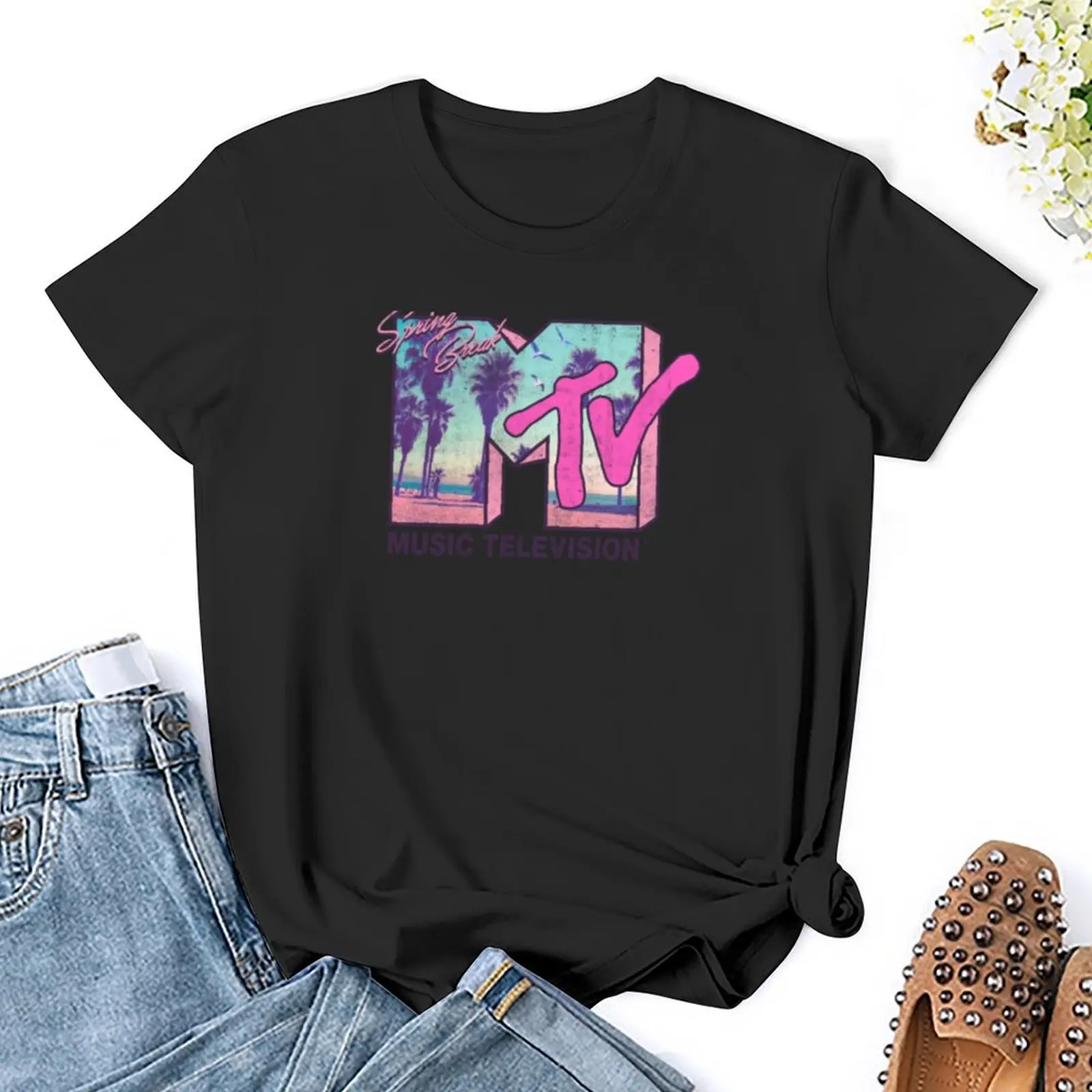 MTV camiseta con logotipo lateral para mujer, ropa kawaii para mujer, camiseta de manga corta, camisetas para mujer