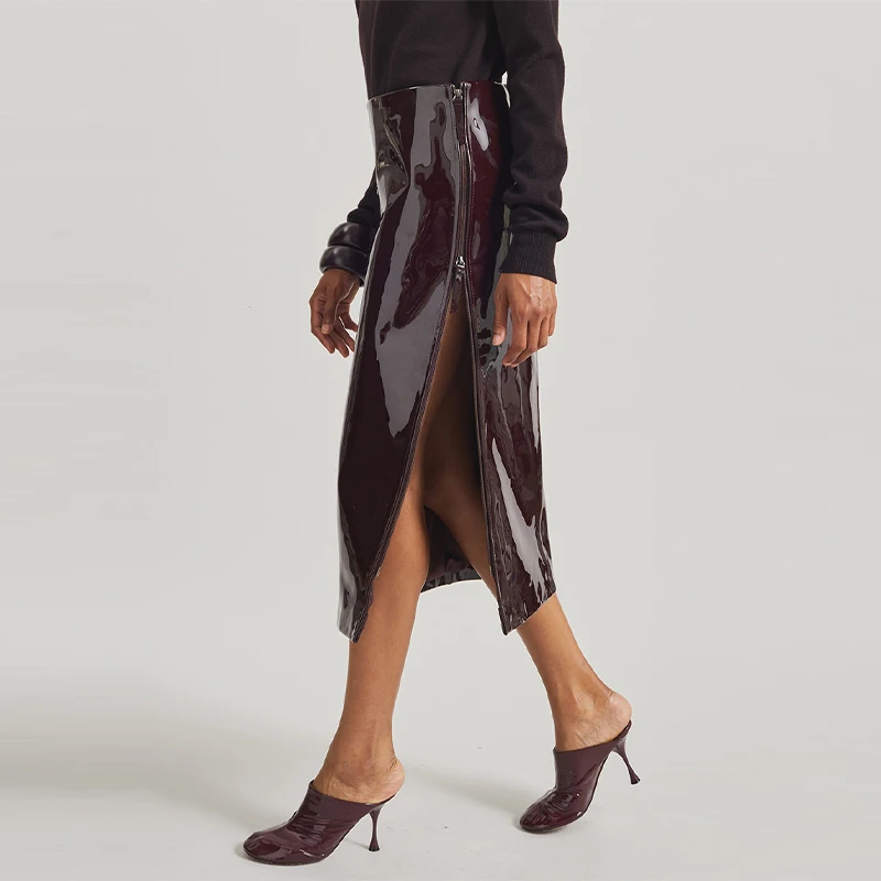Women Trendy Patent Leather Long Skirt Retro High Waist Side Slit Dress New Lady High Quality Dresses High Street Commute Outfit