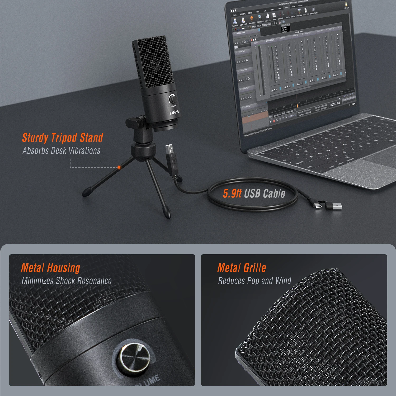 FIFINE Metal USB Condenser Microphone with Gain Knob,Newly Upgraded Detachable Dual-Joint Recording Mic for Laptop/PC-K669 view 5