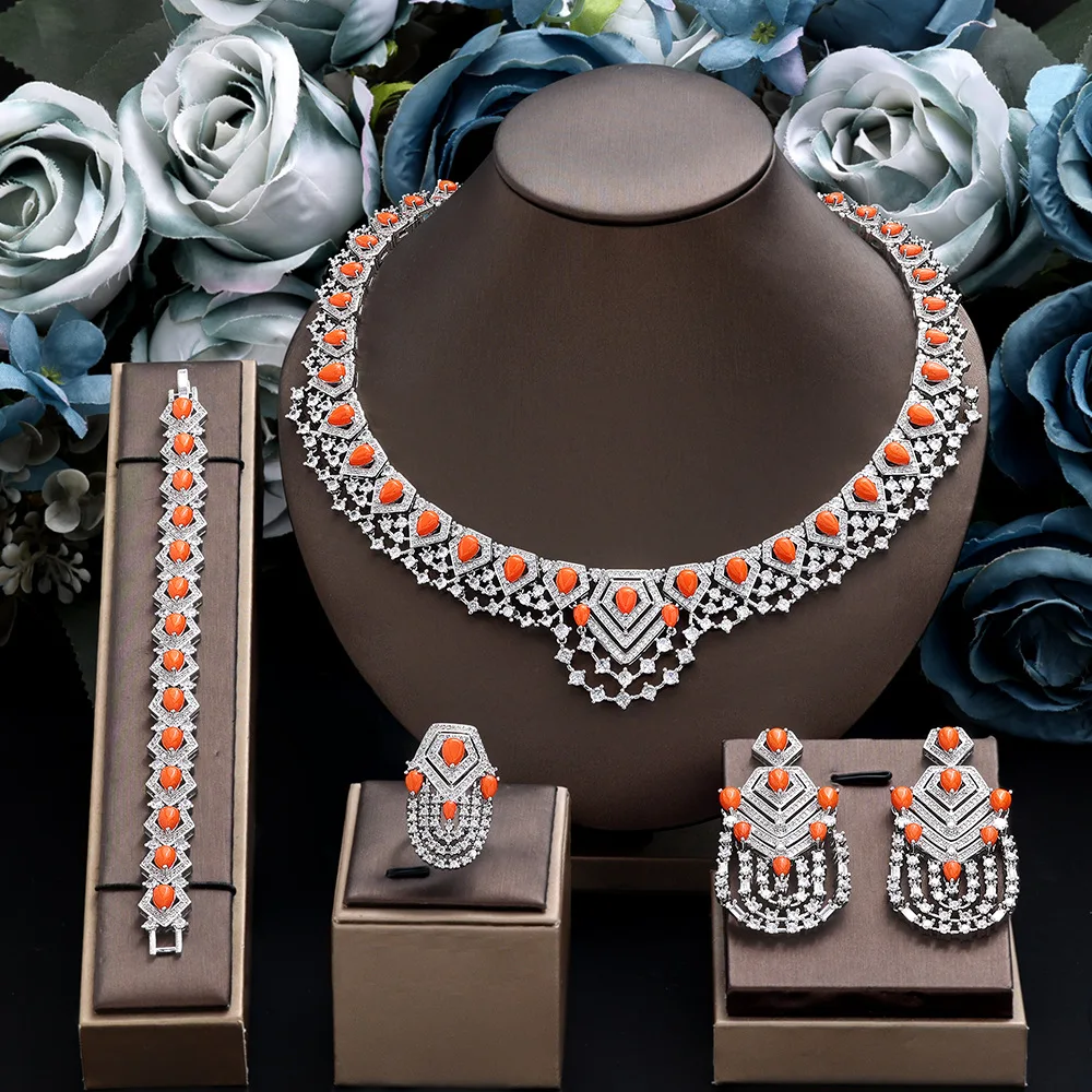 CZ Jewelry Set Full Paved Cubic Zirconia Necklace Bracelet Earrings Ring Matching Accessories For Wedding Evening Christmas Gift
