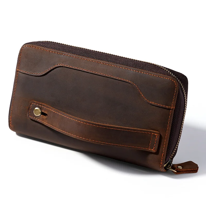 Business cowhide long men's hand-held wallet hot selling crazy horse leather personalized Retro  large capacity clutch bag