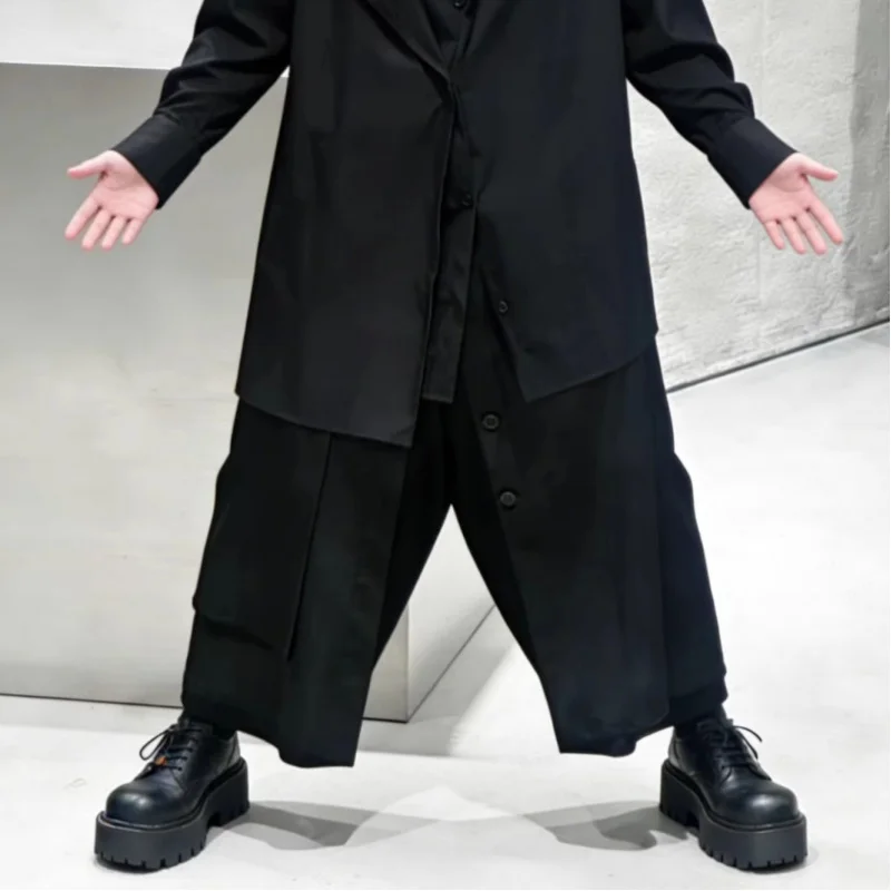 Men's casual pants, dark-toned irregular wide-leg pants, loose high-waisted design, cropped culottes A12