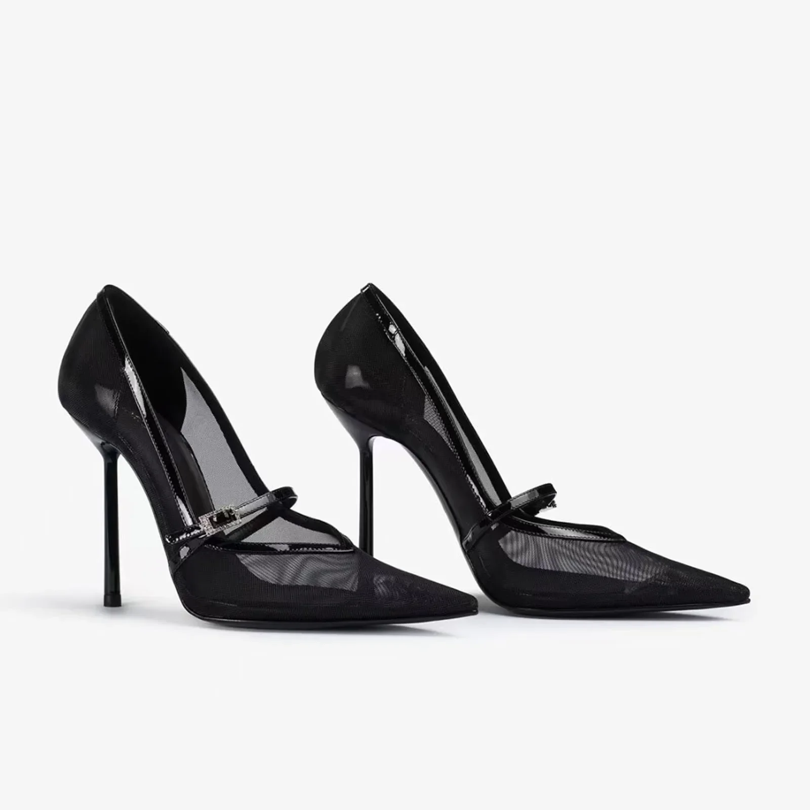 Летние сетчатые туфли на высоком каблуке с пряжкой и кристаллами для ужина, туфли на высоком каблуке с острым носком, черные туфли-лодочки на очень высоком каблуке