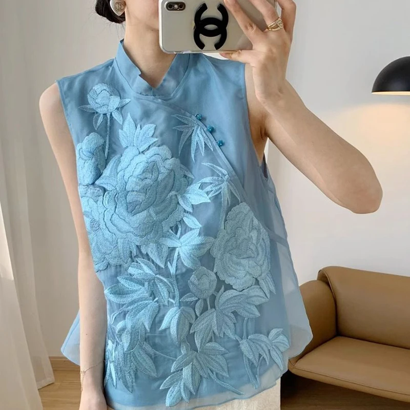 

Summer Sleeveless Shirt Embroidered Slanted Stand Collar Chiffon Top Elegance Vest Blouse Chinese Style Women's Clothing