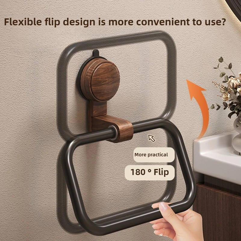 Vintage Walnut Wood Towel Ring with Suction Cup Mount, No-Drill Wall-Mounted Bathroom Towel Holder, Stainless Steel Frame
