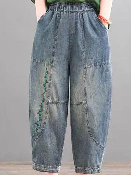 

Ретро джинсы-харлан с вышивкой и пэчворком, утягивающие, скрывающие недостатки фигуры, с высокой талией, из смесового хлопка, для летних поездок на работу