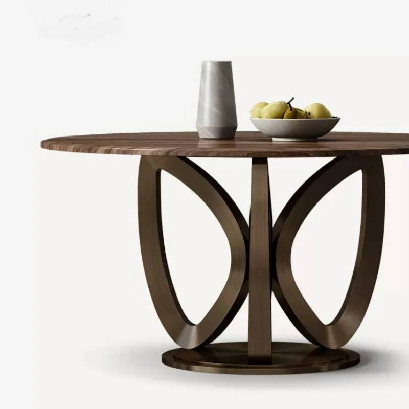 Ice jade luxury stone dining table North American black walnut solid wood round dining table Home light luxury marble dining