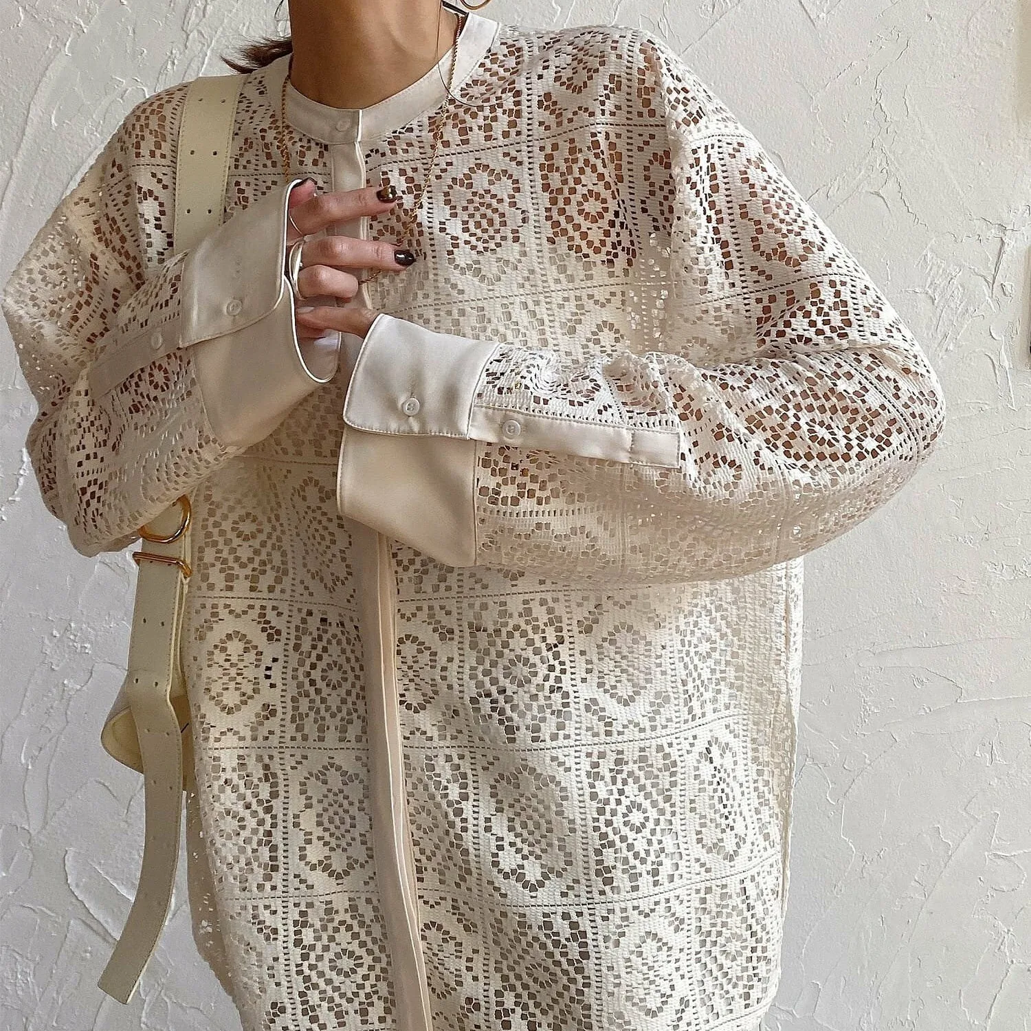 

Sheer Lace Top Women Korean Fashion Button Down Blouse Sun Protective SHIRTS