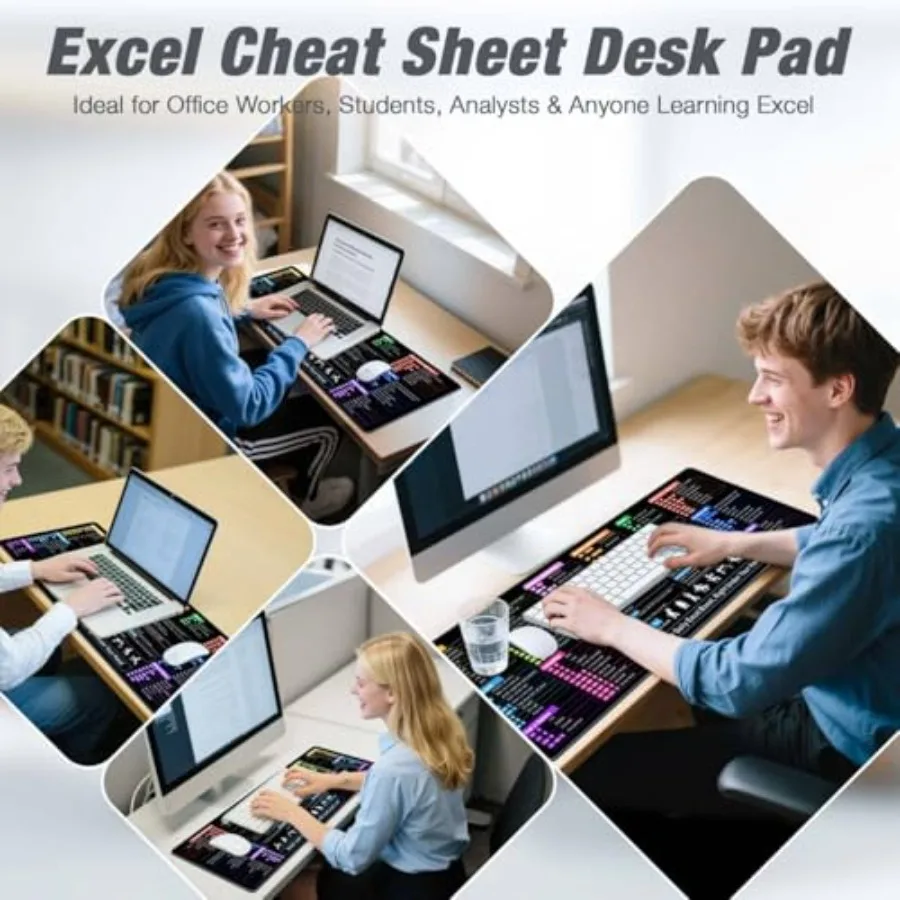 مقاوم للماء Excel Cheat Sheet Desk Pad Excel اختصارات وصيغات لوحة الماوس XL حصيرة مكتبية للوحة المفاتيح والماوس 31.5 × 11.8 بوصة N