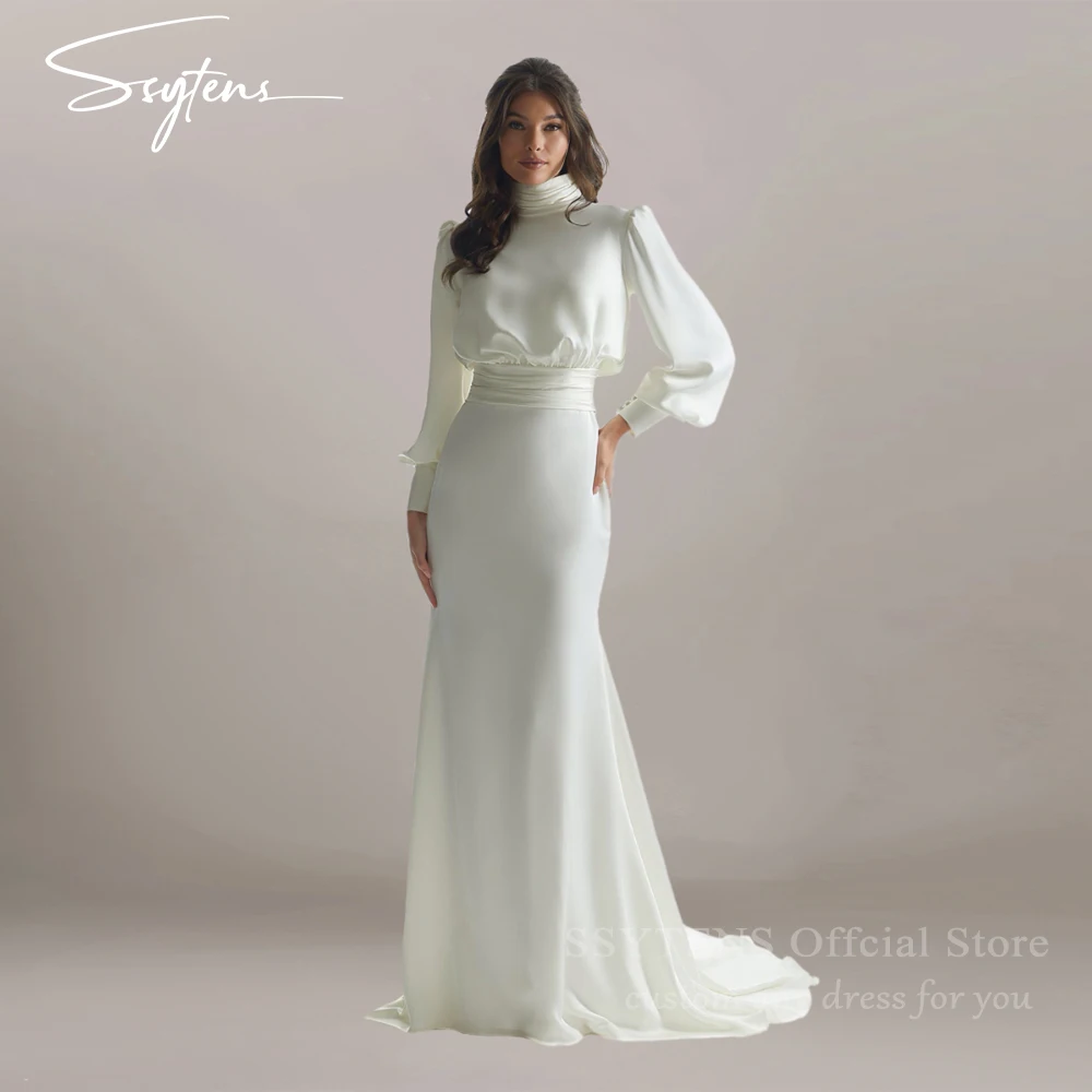SSYTENS Customized Civil Wedding Dresses Long Sleeves Simple Mermaid Brides Dress High Neck Elegant Bridal Gown Vestido De Noiva