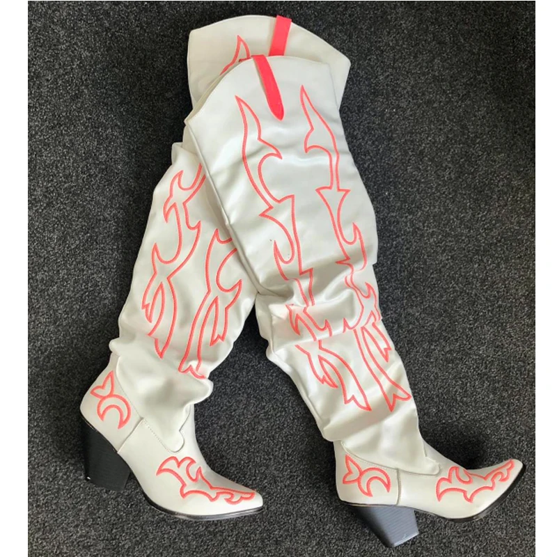 White Red Flame Embroidered Over-The-Knee Cowboy Boots Woman 2026 Pointed Toe Block Heel Western Boots for Party Festival