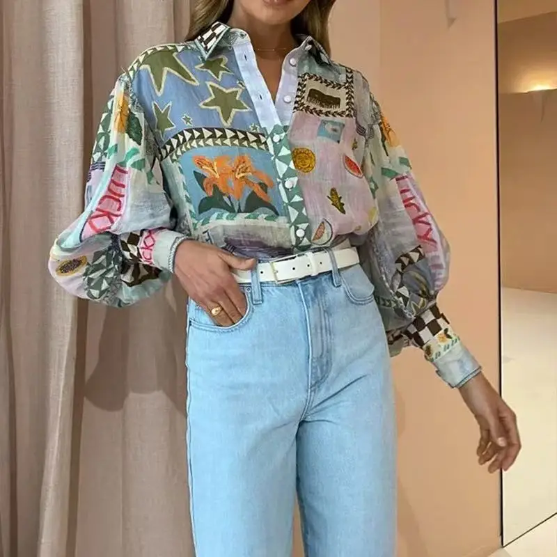 

Clothland Women Sweet Print Loose Blouse Long Sleeve Single Breasted Oversized Shirt Female Office Wear Tops Blusa LB280