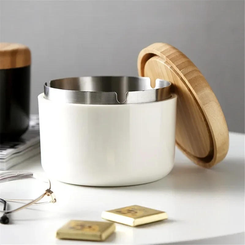Stainless Steel Ashtray with Bamboo Lid - Anti-Fly Ash Design + Smoke Accelerator Home Smoking Tool