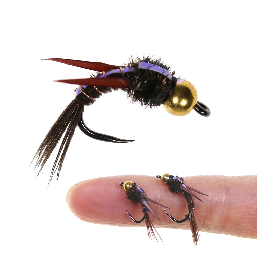6 piezas # 10 # 12 Señuelos de pesca con cabeza de latón, tipo Caddis Marrón, Nymph, Evil Weevil, Mosca húmeda, con anzuelo checo sin púas, para trucha, pescada y perca