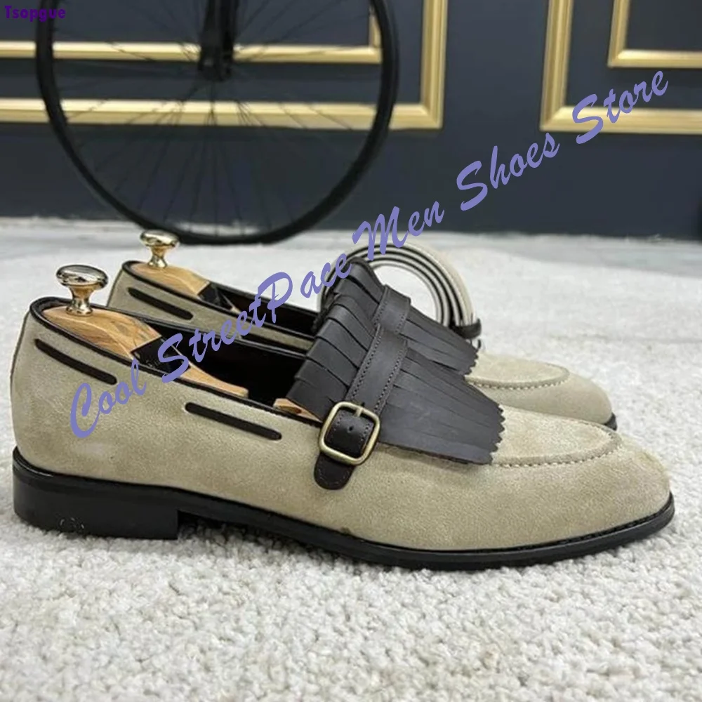 Men's Beige Suede Black Leather Fringe Loafers Buckle Decor Square Toe Dress Shoes Vintage Gentleman Business Casual Shoes