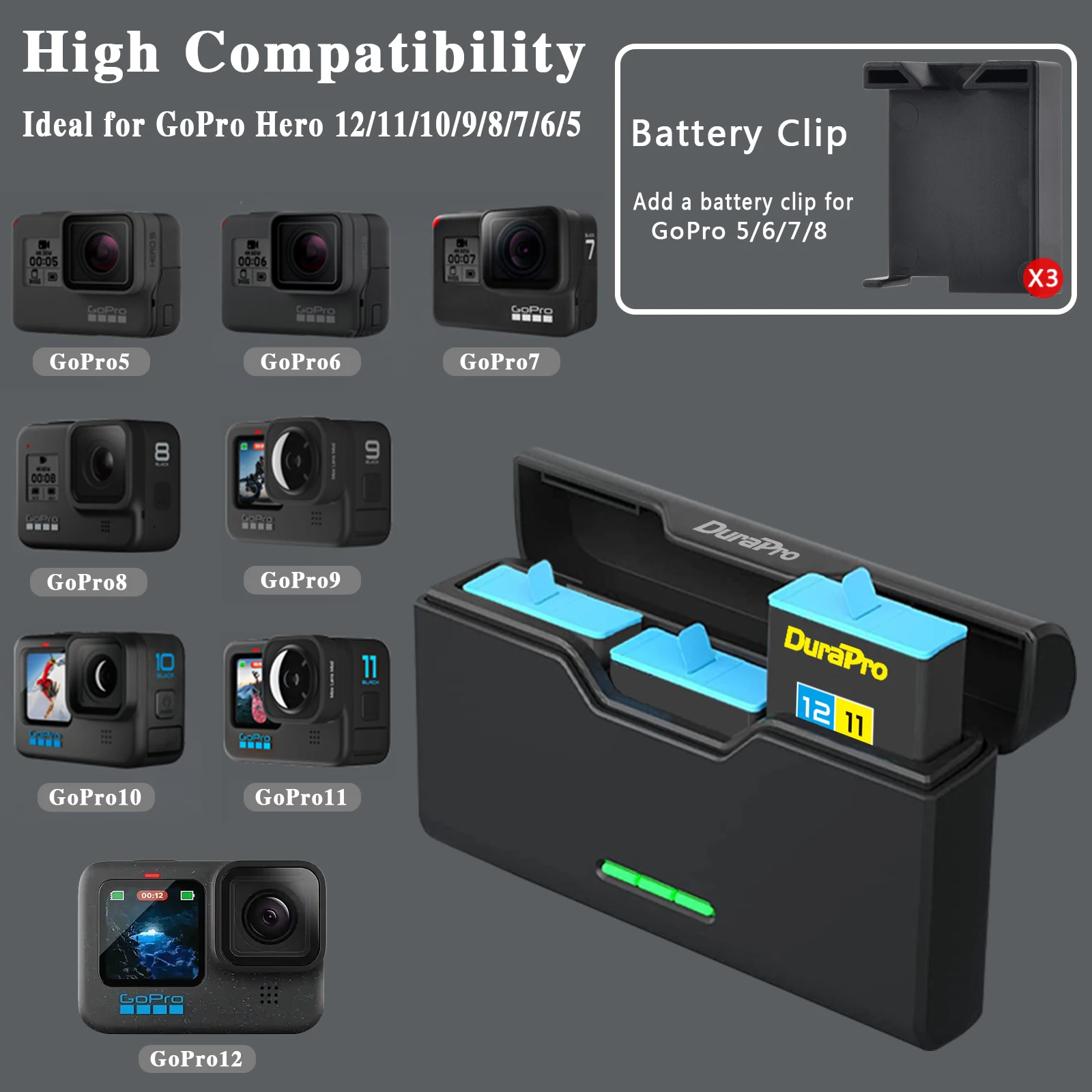 For GoPro Hero 12 11 10 9 Endurence Battery 3 Slots Battery Charger Box 1800mAh Battery Storage Charger Case
