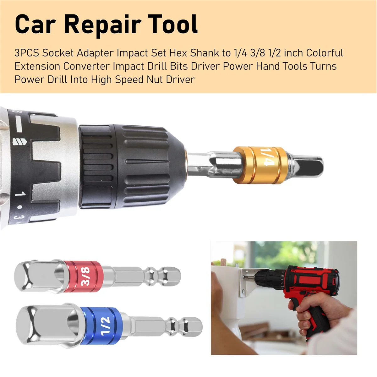 Jeu d'adaptateurs de douilles à percussion, tige hexagonale à 1/4, 3/8, 1/2 pouces, convertisseur d'extension coloré, forets à percussion, main de conducteur, 3 pièces