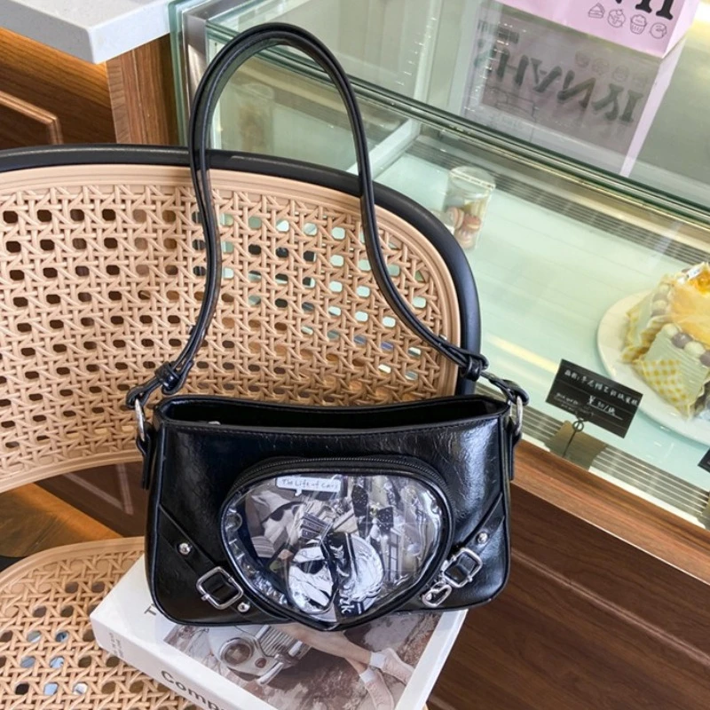 

Japanese Style Love Transparent Girls Ita Shoulder Bags JK PU Leather Women Small Handbag Belt Badge Display Female Underarm Bag